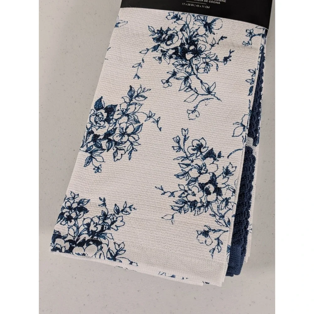 Lauren Ralph Lauren Kitchen Towels Set of 3 Blue Floral Stripe Indigo Cotton NWT